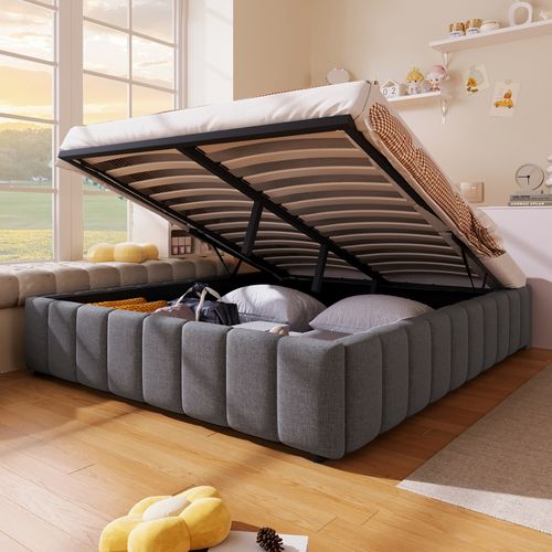 Lit Coffre 140x200 Cm - Lit Double Avec Coffre De Rangement Hydraulique - Lin + Mdf - Gris