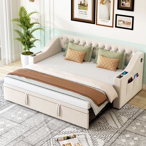 Lit Gigogne Capitonné 90/180x190 Cm En Velours Avec Rangement Et Prise USB, Multifonction, Beige
