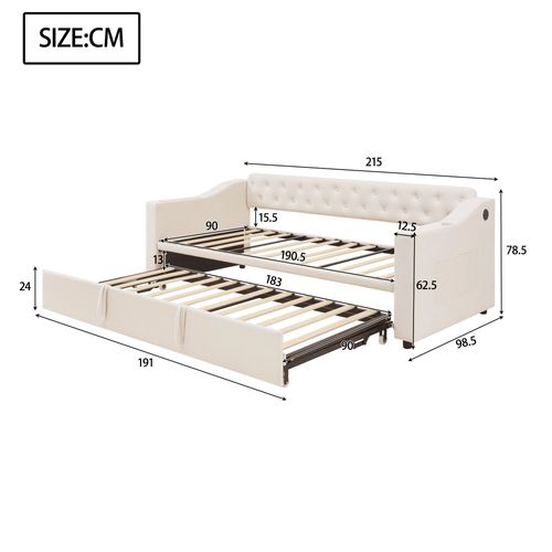 Lit Gigogne Capitonné 90/180x190 Cm En Velours Avec Rangement Et Prise USB, Multifonction, Beige