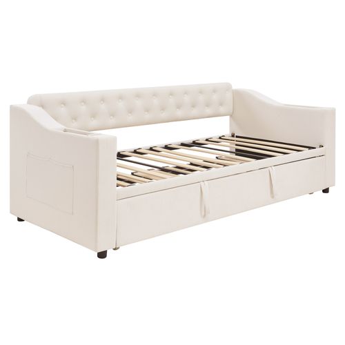 Lit Gigogne Capitonné 90/180x190 Cm En Velours Avec Rangement Et Prise USB, Multifonction, Beige
