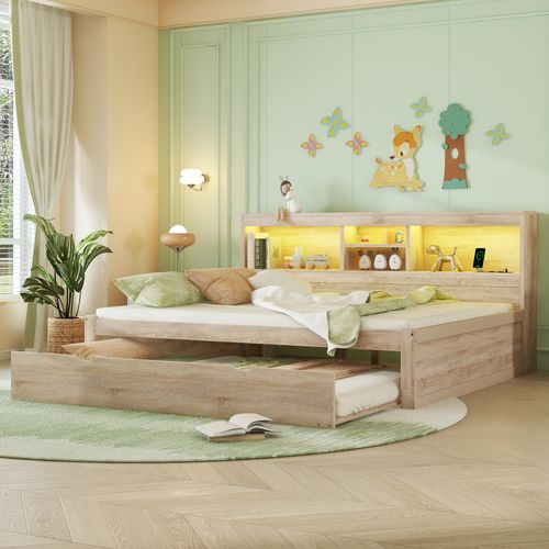 Lit Gigogne 140x200 Cm Double, Tiroir Coulissant 90x190, LED, Ports USB, Prise, Rangement, Naturel