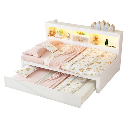 Lit Gigogne 90x200 Cm Ado/enfant, Tiroir 90x190, LED, Ports USB, Prise, Rangement, Blanc