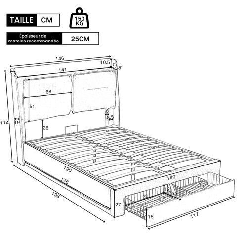 Lit Coffre 140x190 Cm – Lit Double Rembourré Avec Tiroirs Et LED, Velours, Beige