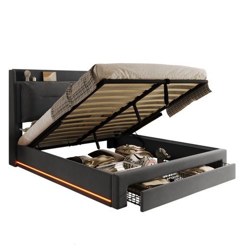 Lit Coffre 140x190 Cm – Lit Double Rembourré Avec Tiroirs Et LED, Velours, Gris