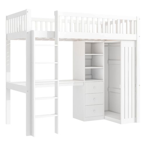 Lit Mezzanine Simple 90x200 Cm - Bureau Et Armoire, Escalier Avec Rangements Intégrés, Bois, Blanc