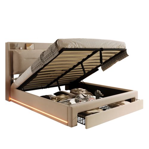 Lit Coffre 140x200 Cm – Lit Double Rembourré Avec Tiroirs Et LED, Velours, Beige