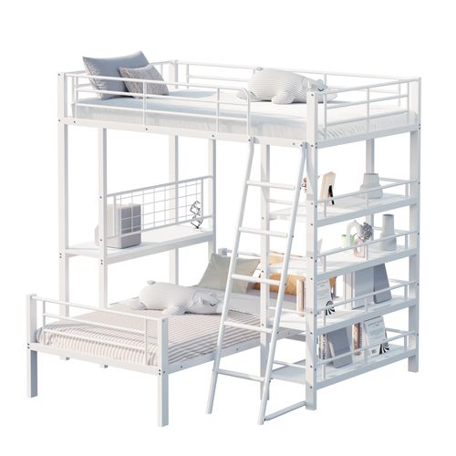 Lit Mezzanine 90x200 Cm Simple Avec Rangement Multifonction, Métal Et Mdf, Étagères, Blanc