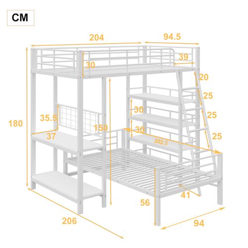 Lit Mezzanine 90x200 Cm Simple Avec Rangement Multifonction, Métal Et Mdf, Étagères, Blanc