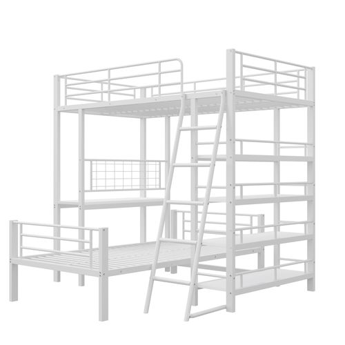 Lit Mezzanine 90x200 Cm Simple Avec Rangement Multifonction, Métal Et Mdf, Étagères, Blanc