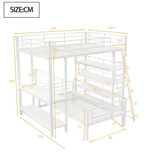 Lit Mezzanine 140x200 Cm Double Avec Rangement Multifonction, Métal Et Mdf, Étagères, Blanc