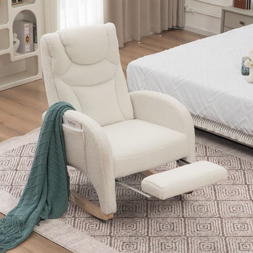 Fauteuil à Bascule Relax En Tissu Polaire Teddy Avec Accoudoirs Et Repose-pieds, Blanc
