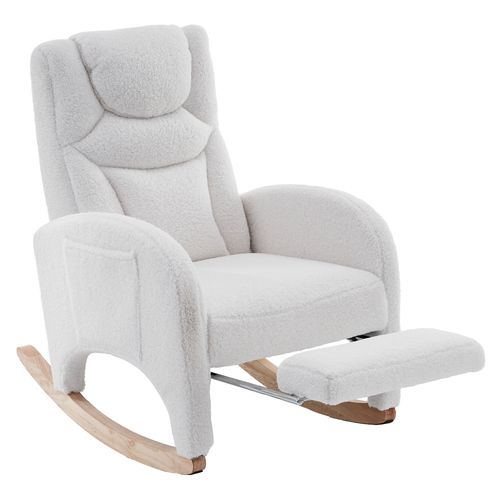 Fauteuil à Bascule Relax En Tissu Polaire Teddy Avec Accoudoirs Et Repose-pieds, Blanc
