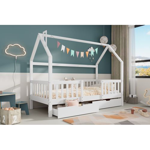 Lit Enfant 90x200 Cm - Lit Cabane Avec Cheminée Et Tiroirs De Rangement - Bois Massif - Blanc