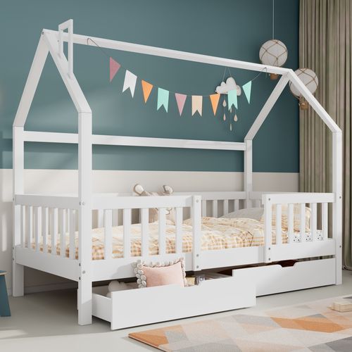 Lit Enfant 90x200 Cm - Lit Cabane Avec Cheminée Et Tiroirs De Rangement - Bois Massif - Blanc
