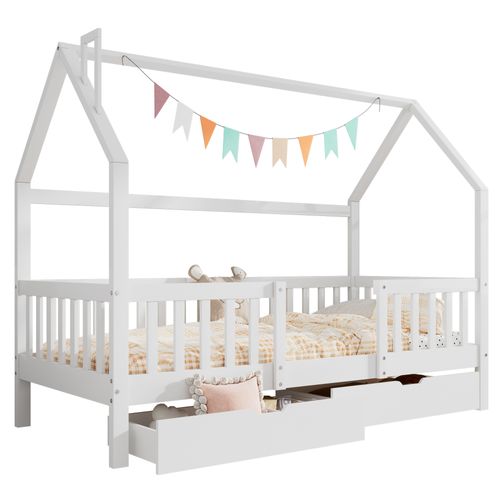 Lit Enfant 90x200 Cm - Lit Cabane Avec Cheminée Et Tiroirs De Rangement - Bois Massif - Blanc