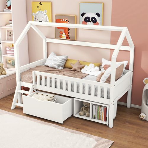 Lit Enfant 90x200 Cm - Lit Simple Cabane Avec Tiroirs Et Compartiments De Rangement - Bois - Blanc