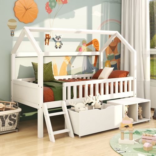 Lit Enfant 90x200 Cm - Lit Simple Cabane Avec Tiroirs Et Compartiments De Rangement - Bois - Blanc