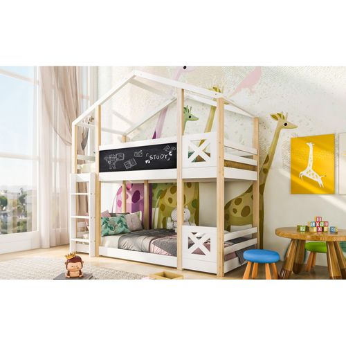 Lit Superposé 90x200 Cm Cabane Enfant Avec Toboggan, Échelle, Sommier Extensible, Bois  Blanc