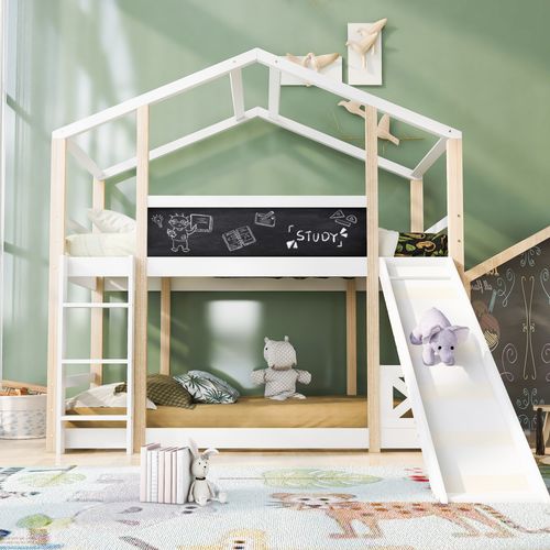 Lit Superposé 90x200 Cm Cabane Enfant Avec Toboggan, Échelle, Sommier Extensible, Bois  Blanc