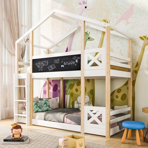 Lit Superposé 90x200 Cm - Lit Cabane Enfant Avec Échelle Et Barrières - Bois Massif - Blanc