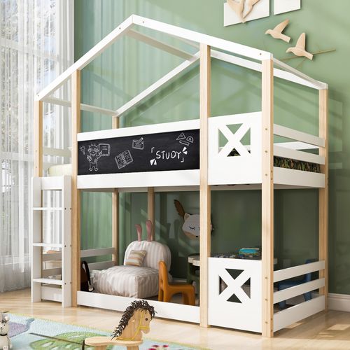 Lit Superposé 90x200 Cm - Lit Cabane Enfant Avec Échelle Et Barrières - Bois Massif - Blanc