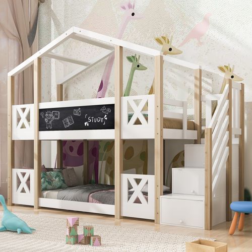 Lit Superposé 90x200 Cm - Lit Enfant Avec Escalier De Rangement - Bois Massif - Blanc