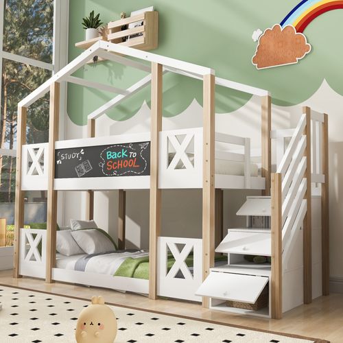 Lit Superposé 90x200 Cm - Lit Enfant Avec Escalier De Rangement - Bois Massif - Blanc