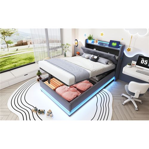 Lit Coffre Enfant 90x200 Cm, Rangement Hydraulique, LED, Prise USB, Poche Téléphone, Lin Gris