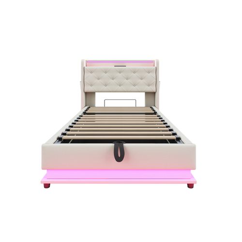 Lit Coffre Enfant 90x200 Cm, Rangement Hydraulique, LED, Prise USB, Poche Téléphone, Lin Beige