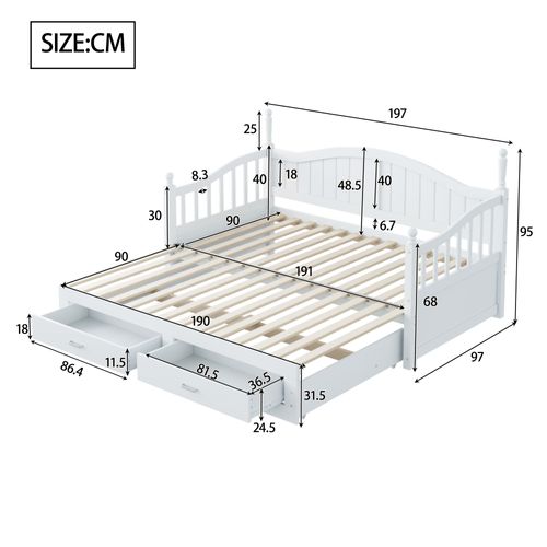 Lit Gigogne En Bois 90/180×190 Cm Extensible Avec Tiroirs Et Sommier Intégré, Multifonction, Blanc