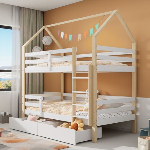 Lit Superposé 90x200 Cm - Lit Enfant Cabane Avec 2 Tiroirs, Cadre En Bois De Pin, Blanc Et Bois