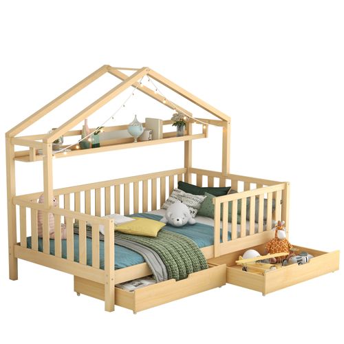Lit Enfant 90x200 Cm - Lit Cabane Avec 2 Tiroirs De Rangement, Sommier En Bois Inclus, Naturel