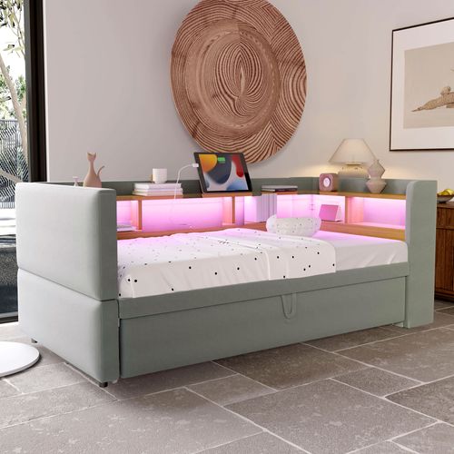Lit Gigogne 90/180x190 Cm, LED, Prise USB, Rangement, Multifonction, Tissu Flanelle Gris Clair