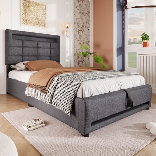 Lit Coffre 90x200 Cm Simple Enfant/ado Avec LED, USB, Coffre Hydraulique, Tissu Lin Gris