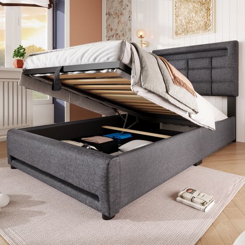 Lit Coffre 90x200 Cm Simple Enfant/ado Avec LED, USB, Coffre Hydraulique, Tissu Lin Gris