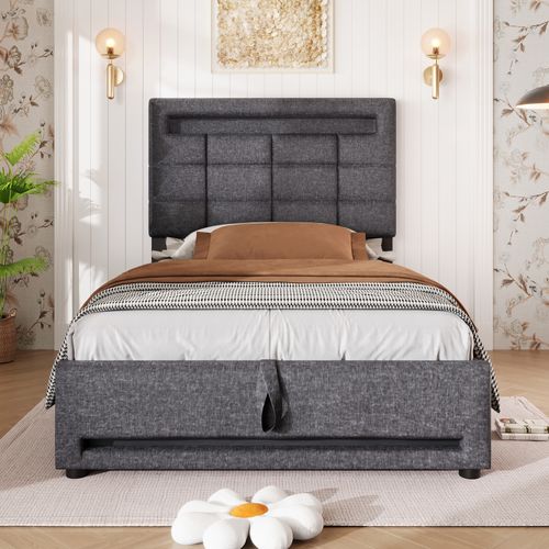 Lit Coffre 90x200 Cm Simple Enfant/ado Avec LED, USB, Coffre Hydraulique, Tissu Lin Gris