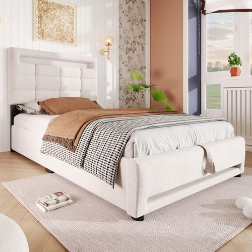 Lit Coffre 90x200 Cm Simple Enfant/ado Avec LED, USB, Coffre Hydraulique, Tissu Lin Beige