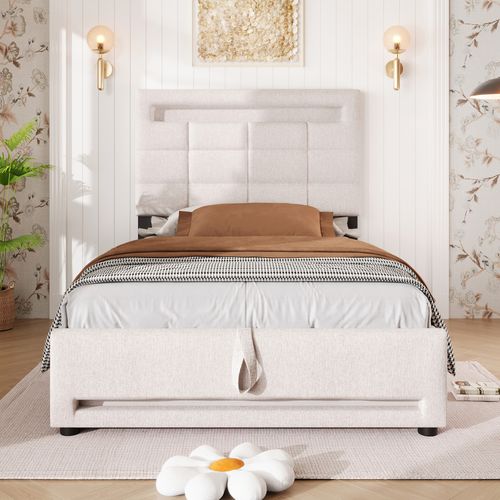 Lit Coffre 90x200 Cm Simple Enfant/ado Avec LED, USB, Coffre Hydraulique, Tissu Lin Beige