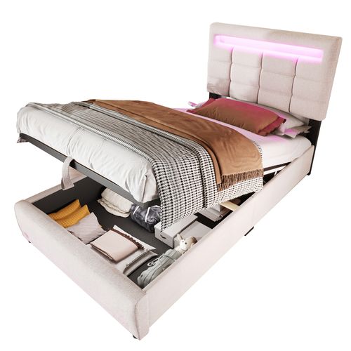 Lit Coffre 90x200 Cm Simple Enfant/ado Avec LED, USB, Coffre Hydraulique, Tissu Lin Beige