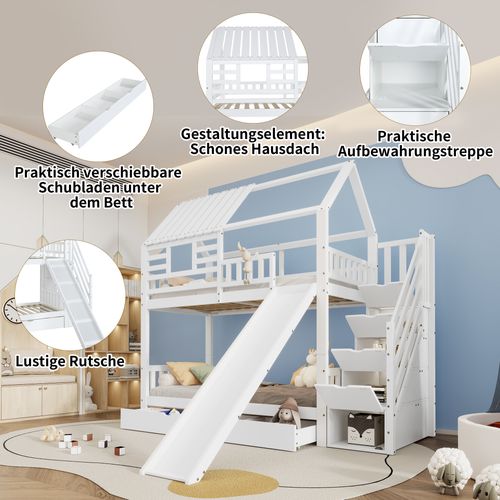 Lit Superposé 90x200 Cm Cabane Enfant, Gigogne, Toboggan, Rangement, Pin/mdf/contreplaqué, Blanc