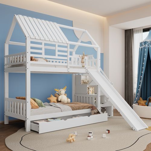 Lit Superposé 90x200 Cm Cabane Enfant, Gigogne, Toboggan, Rangement, Pin/mdf/contreplaqué, Blanc