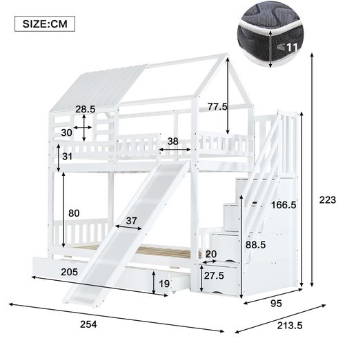Lit Superposé 90x200 Cm Cabane Enfant, Gigogne, Toboggan, Rangement, Pin/mdf/contreplaqué, Blanc
