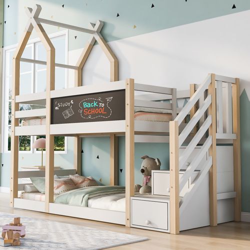 Lit Superposé 90x200 Cm Avec Tableau Noir Intégré - Lit Enfant Pratique, Sommiers Inclus - Blanc