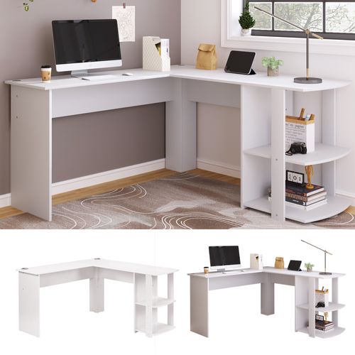 Bureau D'angle 140 cm En L Avec 2 Étagères Intégrées, Design Fonctionnel - Mdf Blanc