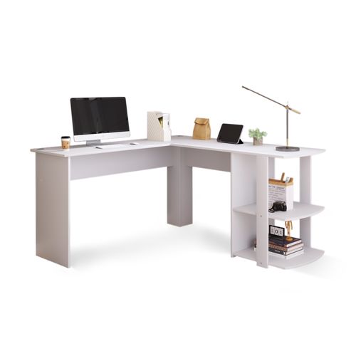 Bureau D'angle 140 cm En L Avec 2 Étagères Intégrées, Design Fonctionnel - Mdf Blanc