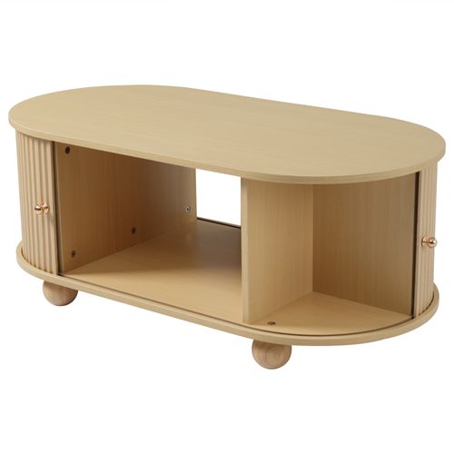 Table Basse Salon Moderne, Ovale, Polyvalente Avec Rangement, Mdf Finition Chêne.