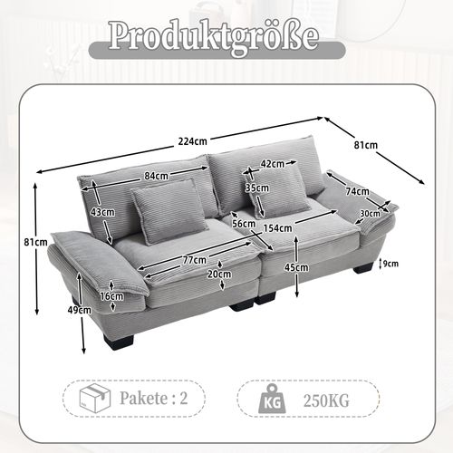 Canapé 2 Places Moderne, Assise Moelleuse, Accoudoirs Pillow Top, Velours Côtelé Gris Clair