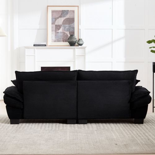 Canapé 2 Places Moderne, Assise Moelleuse, Coussins, Accoudoirs Pillow Top, Velours Côtelé Noir