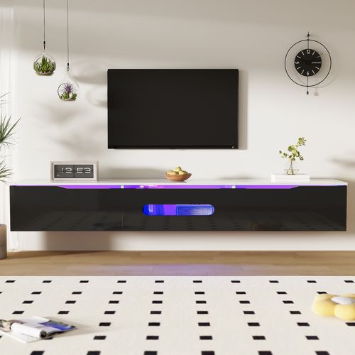 Meuble TV Moderne, LED Multicolore, Rangement Spacieux, Mdf Noir, Finition Brillante