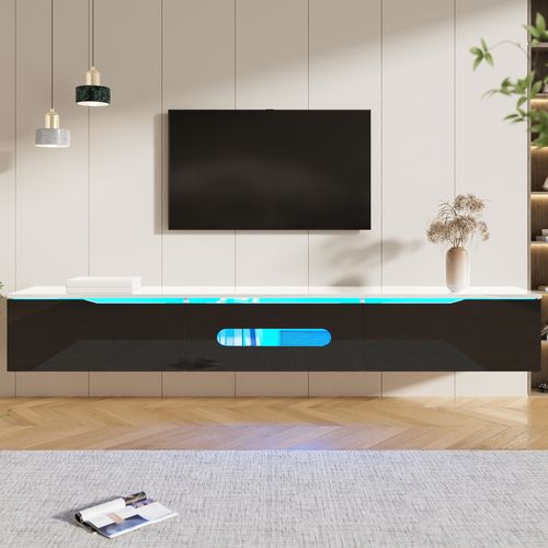 Meuble TV Moderne, LED Multicolore, Rangement Spacieux, Mdf Noir, Finition Brillante